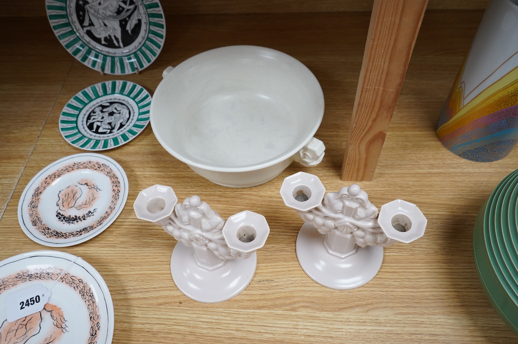 John Adam for Poole pottery, a pair of two branch candelabra and a magnolia white glazed bowl number 672, largest 29cm wide